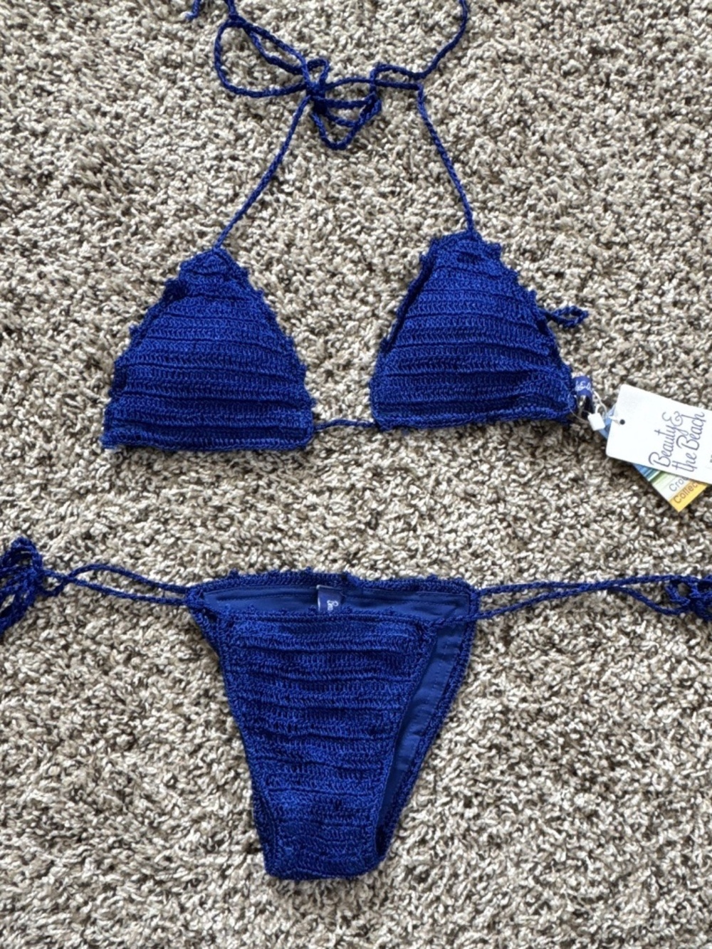 Beauty & the Beach Women's Blue Crochet Triangle Halter String 2-Piece Bikini S